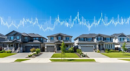 Row of suburban homes with financial graph overlay, representing real estate market trends.