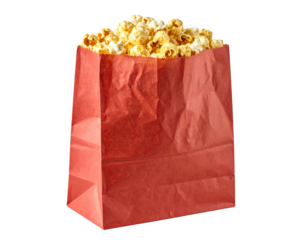  Red Paper Bag Filled with Buttered Popcorn, isolated on transparent background.