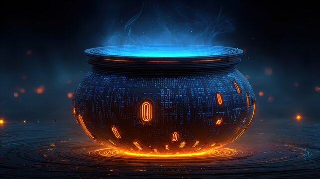 A futuristic pot emits glowing patterns and steam, blending technology and mystique in a dark, atmospheric setting.
