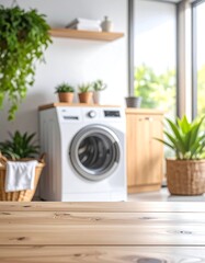 Blurred laundry room with wooden table
