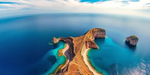 Panoramic aerial of Scopello's tonnara and dramatic Faraglioni stacks, Sicily,  light,  turquoise water