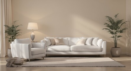 Modern Living Room Interior Design Beige Walls, White Sofa, Armchair and Plants