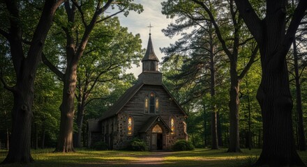 Naklejka premium Secluded chapel nestled amidst lush greenery and towering trees
