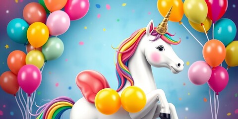 Whimsical unicorn, rainbow mane & tail, colorful balloons, gold crown, vibrant background, enchanting, cheerful