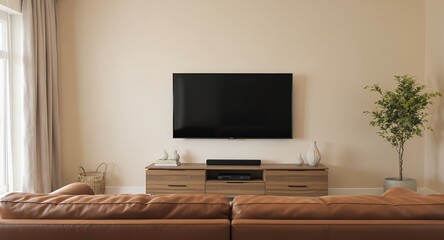 Modern Living Room Interior Design with Flat Screen TV and Brown Leather Sofa