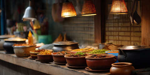 Fototapeta premium Traditional clay pot food dishes arranged on wooden counter under warm hanging lamps in rustic kitchen setting