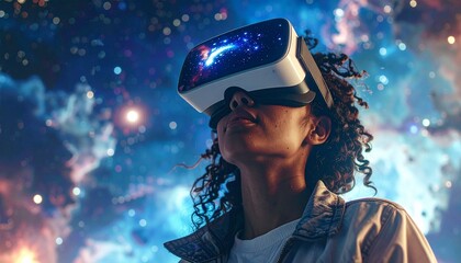 A young woman wearing a virtual reality headset, gazing upwards at a simulated galaxy.