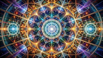 Intricate fractal mandala with geometric patterns and glowing blue/gold hues, radiating outwards