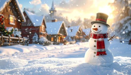 Naklejka premium A cheerful snowman in a snowy village street, adorned with a top hat and scarf, during a winter day