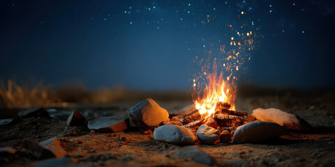 Campfire glowing brightly at night with sparks flying and rocks surrounding burning wood in natural outdoor setting