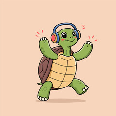 A smiling green turtle with colorful headphones raises its arms in a joyful dance against a light peach background.