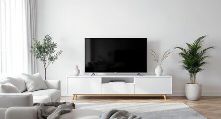 Modern living room interior with flat screen TV, white furniture, and plants