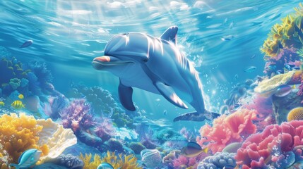 Fototapeta premium Underwater Marine Life: Vector Illustration of Dolphins, Sharks & Tropical Fish in the Deep Blue Ocean