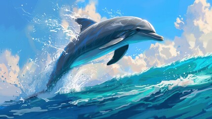 Fototapeta premium Underwater Marine Life: Vector Illustration of Dolphins, Sharks & Tropical Fish in the Deep Blue Ocean