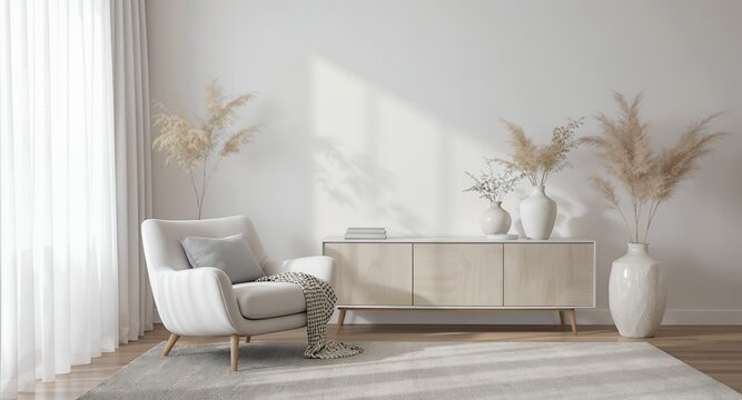 Fototapeta Modern minimalist living room interior design with armchair, sideboard, and pampas grass decorations