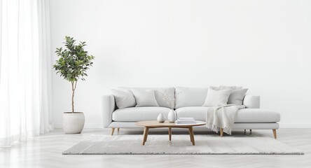 Fototapeta premium Modern minimalist living room interior design with light grey sectional sofa, wooden coffee table, and neutral decor.