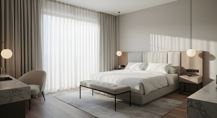 Luxurious and modern bedroom interior with large window, bed, and stylish furniture.