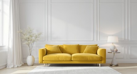 Fototapeta premium Mustard Yellow Sofa in Modern Living Room Interior Design, White Walls, Cozy Home Decor, Elegant Apartment