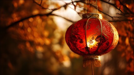 A vibrant red lantern with intricate golden patterns, glowing warmly against a soft-focus autumn leaves background.