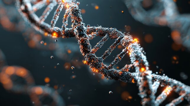 Dynamic 3D visualization of DNA strand glowing with particle effects futuristic biotechnology medical research genetic sequencing healthcare science and molecular discovery - Powered by Adobe