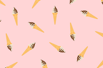 Ice cream pattern background. Chocolate ice cream background. Ice cream Illustration for packaging. Chocolate ice cream seamless pattern on pink background