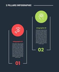 2 pillars infographic process diagram with up and down container with circle badge on top with dark background bright outline style 2 points
