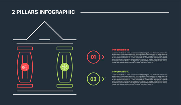 2 pillars infographic process diagram with sharp roof and bulge pillar with circle badge with dark background bright outline style 2 points