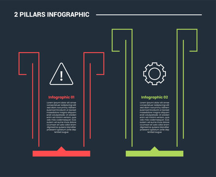 2 pillars infographic process diagram with creative pillar with open shape with dark background bright outline style 2 points