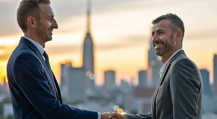 Business handshake with cityscape background at sunset symbolizing partnership and agreement - Powered by Adobe
