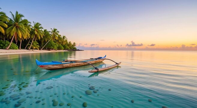 A serene beach scene featuring a traditional outrigger canoe at sunrise with palm trees and calm water