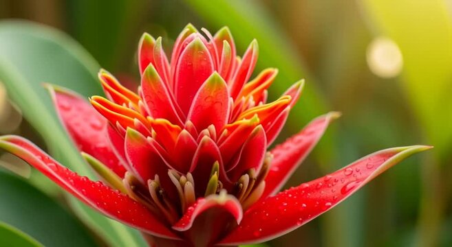 A close up of a vibrant red and orange bromeliad flower with green leaves in a natural setting