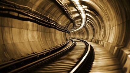 Obraz premium Underground train tunnel with tracks in tilt-shift photography style with sepia tones, atmospheric perspective