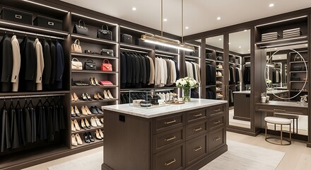Luxurious Walk-in Closet with Central Island and Extensive Storage.