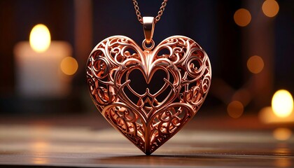Intricate heart pendant necklace. Warm light glows behind, creating soft bokeh