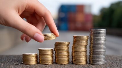 Person Organizing Stacks of Gold and Silver Coins on a Stone Surface with Blurred Background of Shipping Containers