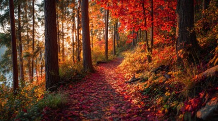 Fototapeta premium Autumn forest path surrounded by tall trees with sunlight and colorful leaves covering ground creating seasonal nature scenery symbolizing outdoor exploration travel and peaceful beauty
