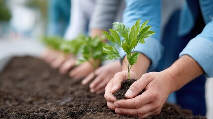 Hands Planting Young Seedlings in Nutrient-Rich Soil for Sustainable Gardening and Environmental Care