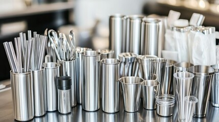 Stainless Steel Containers and Utensils Arranged Neatly on a Modern Kitchen Countertop