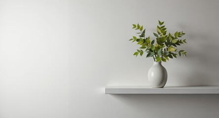 Simple Minimalist Green Branches in White Vase on Shelf