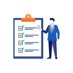 3D icon of a manager with a clipboard, symbolizing a checklist and successful completion of a document.