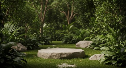 Stone Platform in Lush Tropical Foliage, Natural Product Display, Green Garden Background