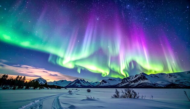 Vivid aurora borealis dances across a starry night sky, illuminating snow-covered mountains and a wintry landscape below
