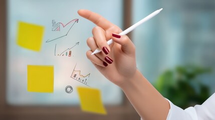 Businesswoman Using Digital Tablet to Present Growth Data with Sticky Notes and Graphics in Modern Office Setting