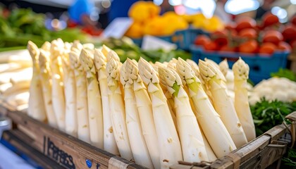 Fresh white asparagus in wooden crate at market
