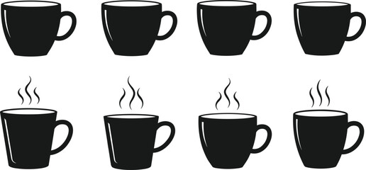 Black coffee cup vector icons set with steam, perfect for hot beverage branding, café menus, coffee shop designs, and marketing materials.