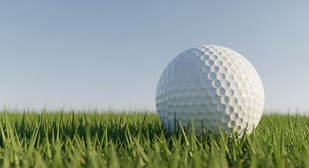 Golf ball rests on lush green grass under a clear sky