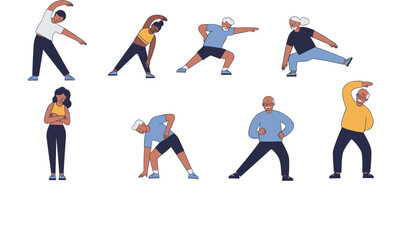 Diverse group of people, including seniors and younger adults, engaging in various stretching and exercise poses to promote health and wellness.