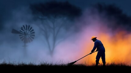 Silhouette of a Worker with a Rake Against a Colorful Sunset and Windmill in Foggy Landscape