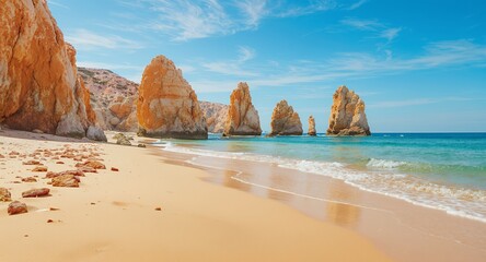 Stunning coastal landscape with dramatic rock formations and sandy beach