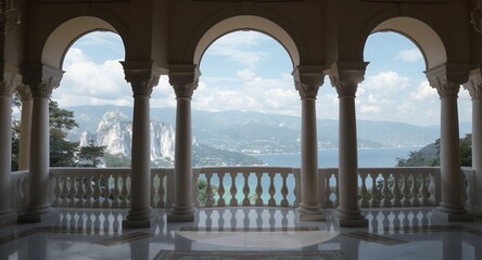 Stunning View from a Classic Balcony with Archways and Columns overlooking Mountains and Sea